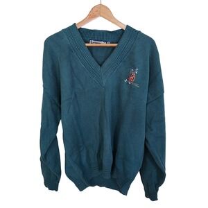 Vtg Scottish Isle Teal Green Embroidered Golf Sweater Men Preppy Grandpacore XL